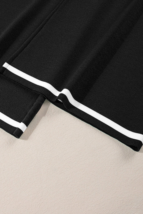 Contrast Trim Textured Knit Half Sleeve Drop Shoulder Drawstring Waist Wide Leg Two Piece Pant Set